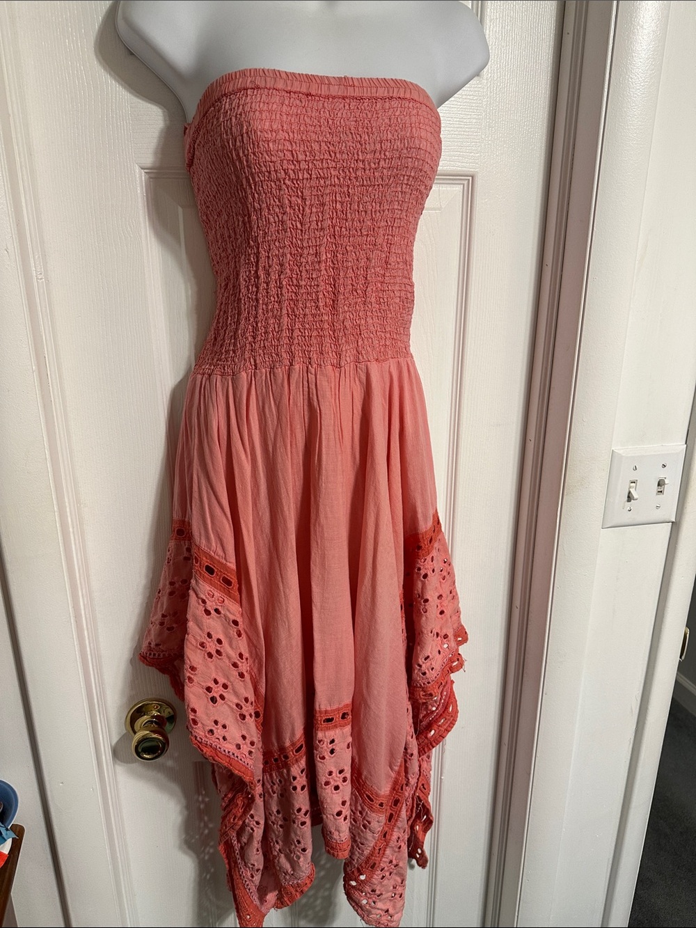 Women's Strapless Coral Pink Smocked Sundress with Eyelet Hem